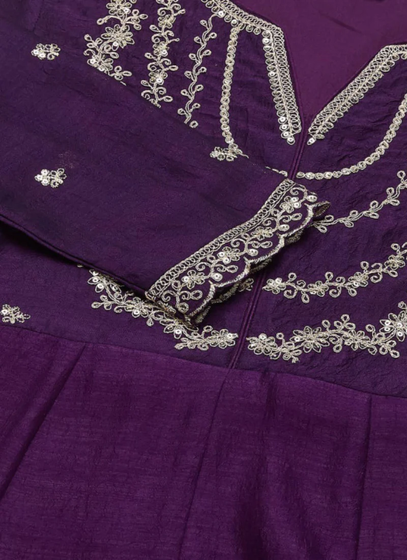 Ready To Wear Purple Zari Embroidered Anarkali Trousers With Dupatta - Image 5