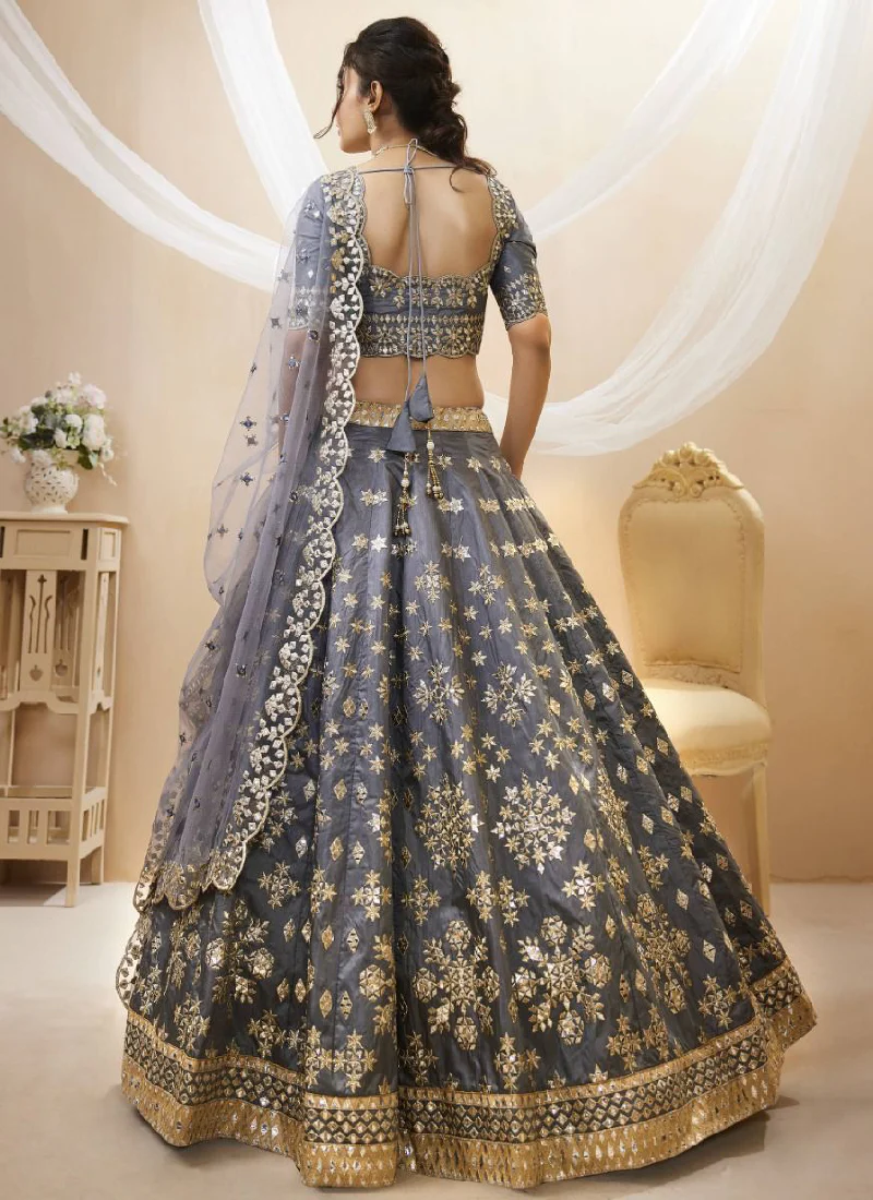 Zari Mirror Work Mulberry Silk Grey Designer Lehenga Choli - Image 3