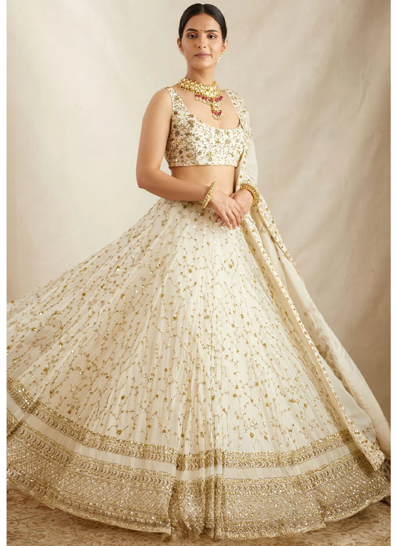 Zari Sequence Embroidered Georgette White Lehenga Choli - Image 5