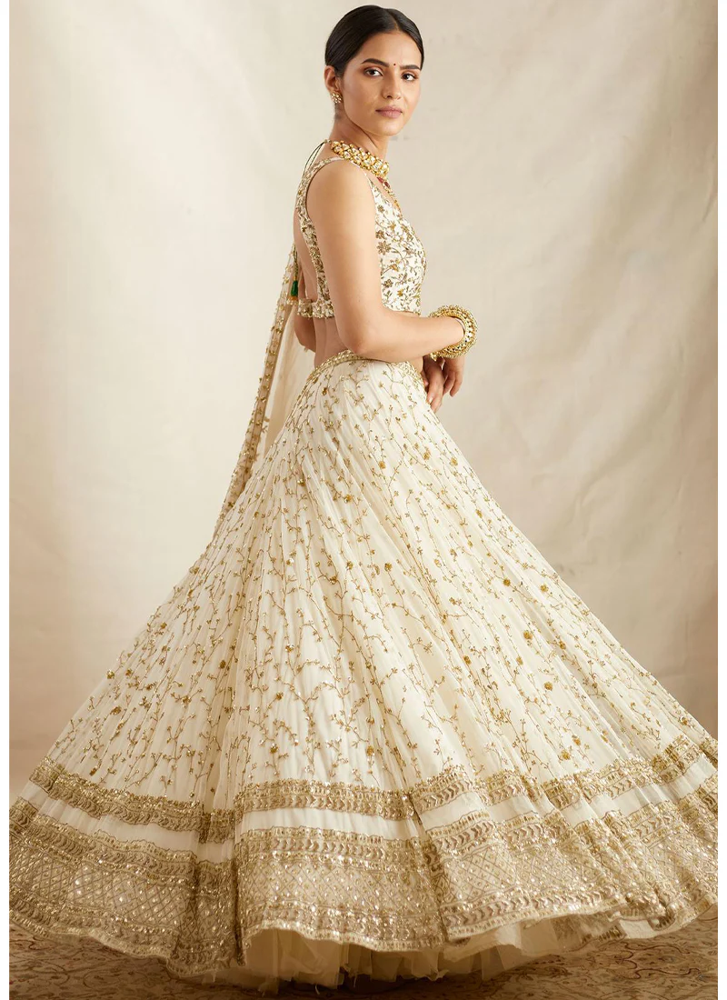 Zari Sequence Embroidered Georgette White Lehenga Choli - Image 6