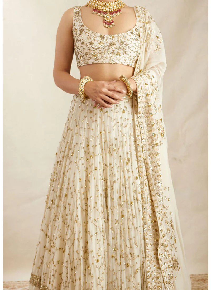 Zari Sequence Embroidered Georgette White Lehenga Choli - Image 7