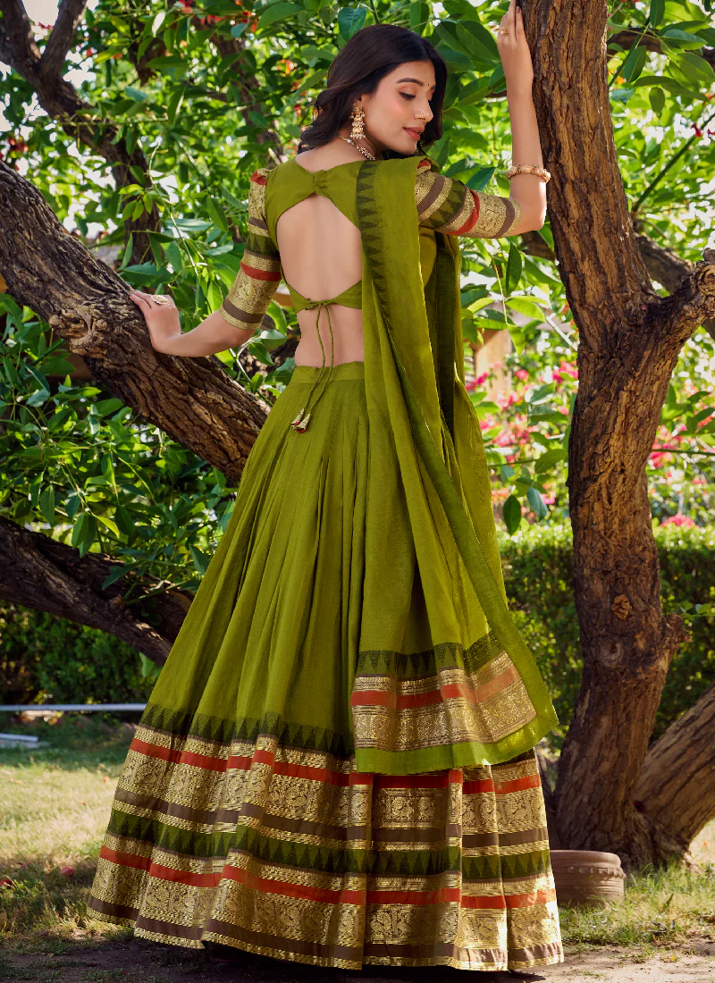 Zari Weaving Chanderi Silk Mehndi Green Half Lehenga Choli With Dupatta - Image 4