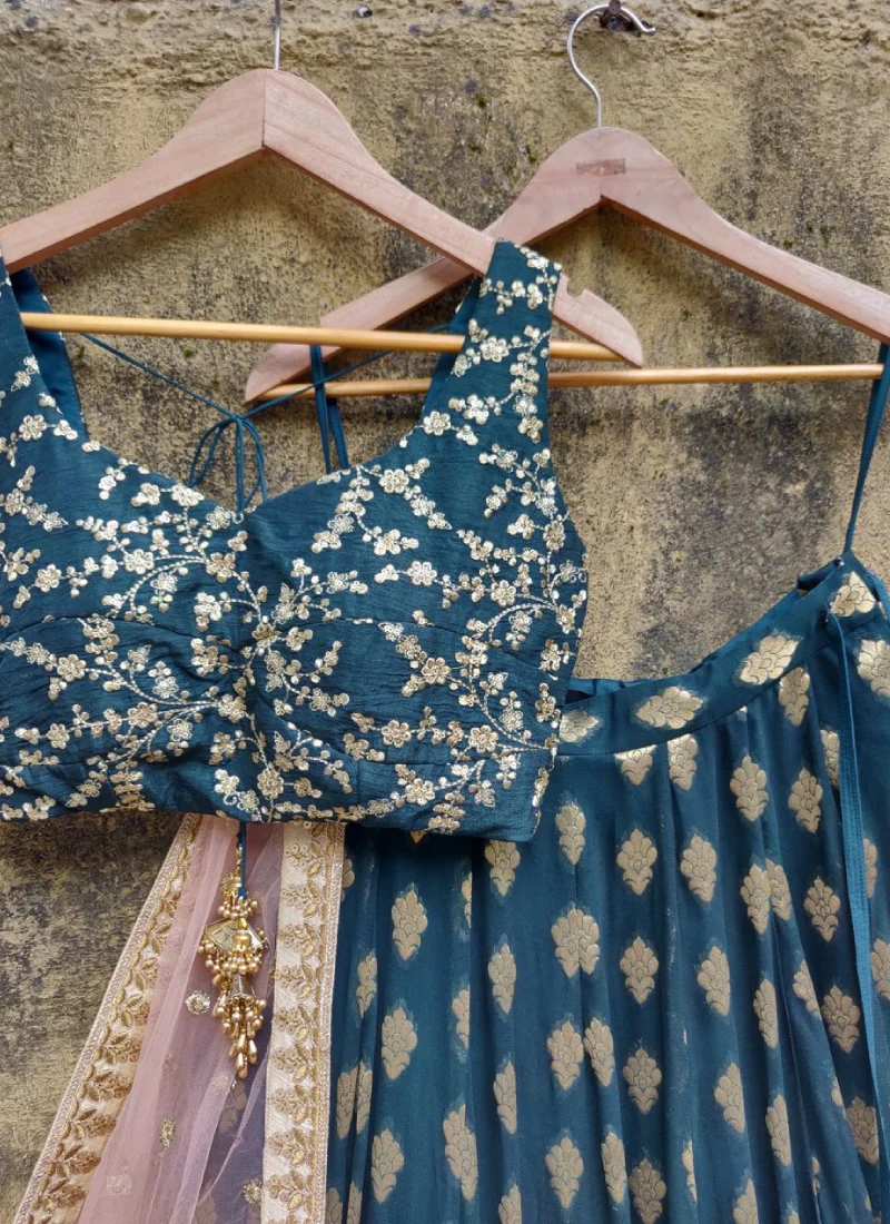 Zari Weaving Work Georgette Banarasi Teal Blue Lehenga Choli - Image 3